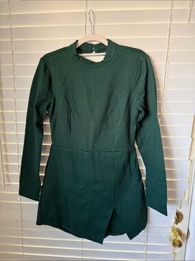 Forest Green Long-Sleeve Romper with open back.